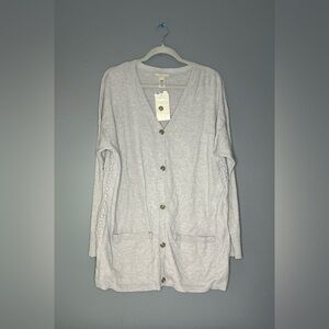 Woman Within Cardigan Sweater L 18/20 Light Gray Braided Sides Pockets SO SOFT